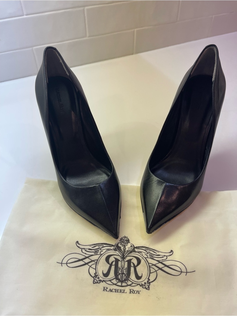 RACHEL Rachel Roy Black Pointed Leather Stiletto Pumps